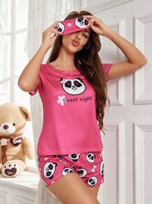 Conjunto de ropa de estar en casa con estampado de panda de manga corta y pantalones cortos - Rosa Fucsia - Ver 1