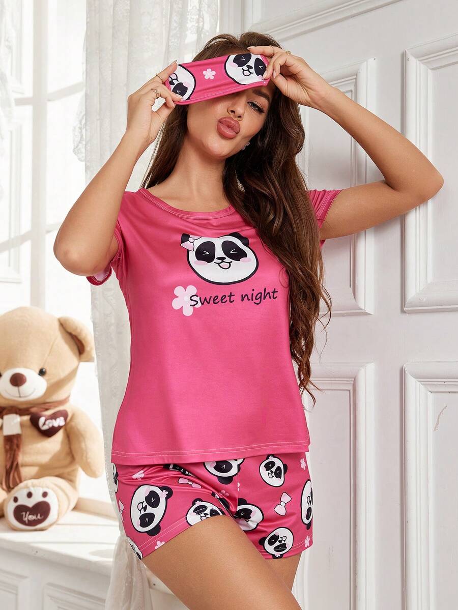 Conjunto de ropa de estar en casa con estampado de panda de manga corta y pantalones cortos - Rosa Fucsia - Ver 1