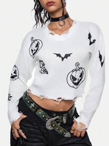 Sonchs Curiosities 艺术家深色万圣节南瓜、蝙蝠和蜘蛛图案破洞短款落肩毛衣，女式毛衣，适合假期、度假、节日、伊比沙岛 - 白色 - 查看 5