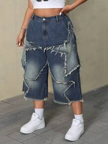 SHEIN ICON Plus Size Button, Belt Loop, Frayed Edge, Star Pattern Design Boyfriend Jeans - Blue - View 6