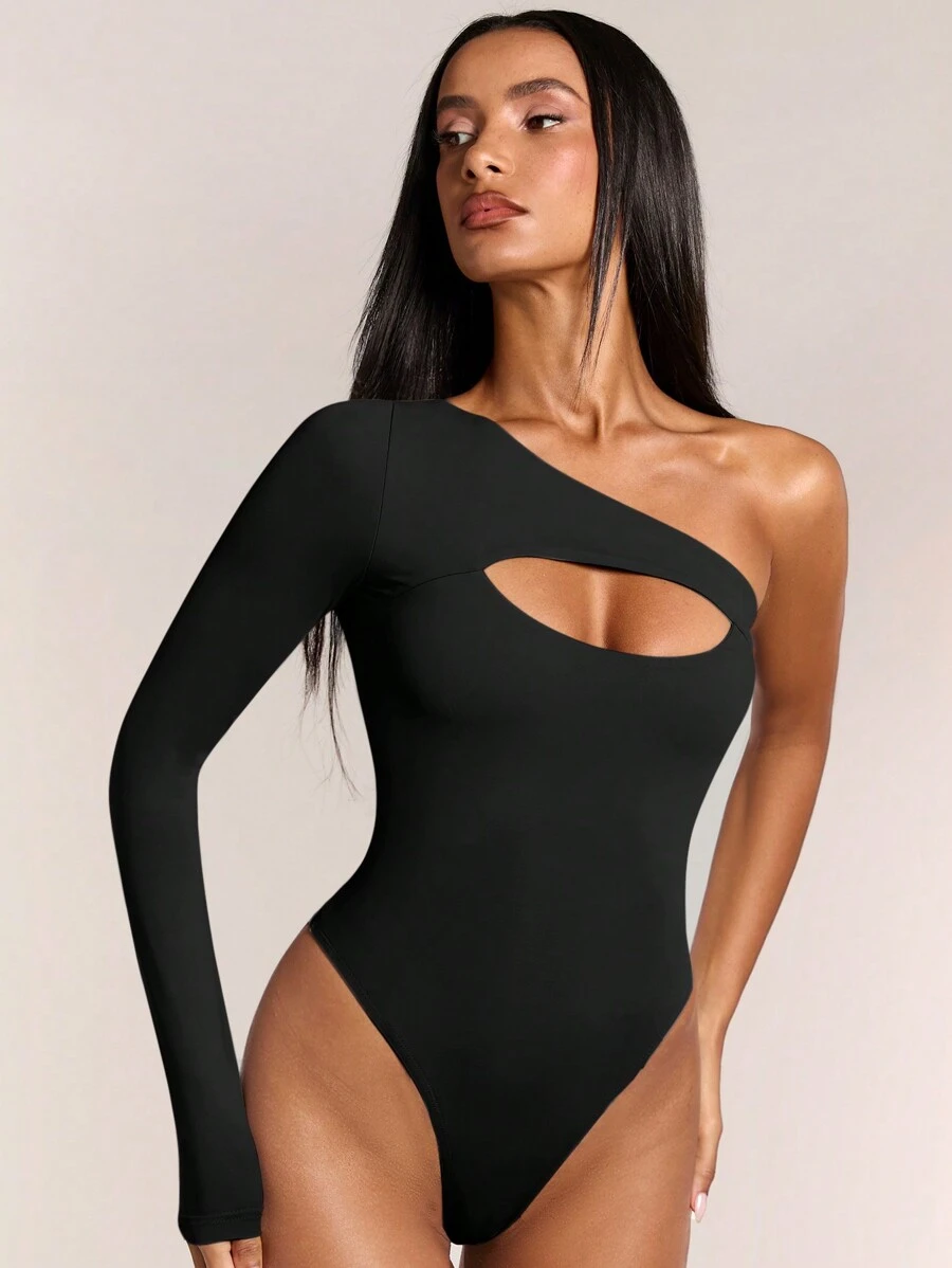 SHEIN BAE Women's Solid Color Asymmetric Neck Sexy Hollow Out Bodysuit - Black - View 1