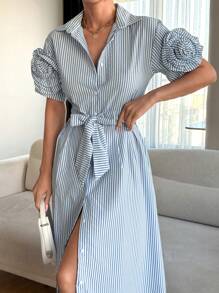 RueChic Embroidery  Detailed A Line  Shirt Dress - Blue and White - View 4