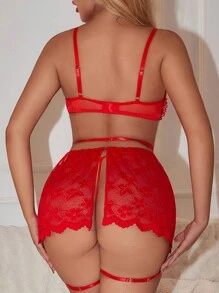 6pcs Lace Contrast Mesh Women Padded Bras Set - Red - View 2