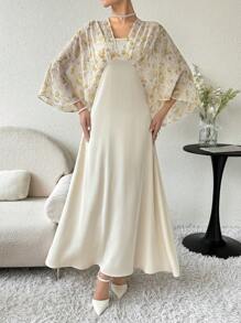 Modelyn Women V-Neck Floral Print Summer Elegant Arabian Dress Long Evening Dresses - Apricot - View 1