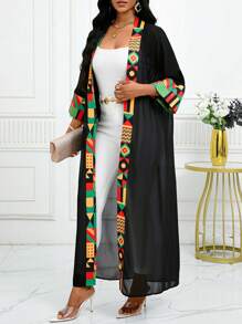 SHEIN Lady 四季女士长袖女士紧身衣秋季衣服图腾非洲印花拼布和服罩衫夏季