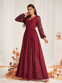 SHEIN Belle 勃艮第红女装浪漫优雅酒红色雪纺面料拼接水溶蕾丝面料，重叠V领，蕾丝长袖，松紧袖口，腰部侧绑带，A字下摆，适合婚礼活动万圣节伴娘礼服 - 酒紅色 - 查看 1