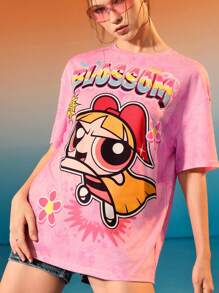 THE POWERPUFF GIRLS X SHEIN Camiseta holgada con estampado de letra de dibujos animados para mujer, rosa, de hombros caídos