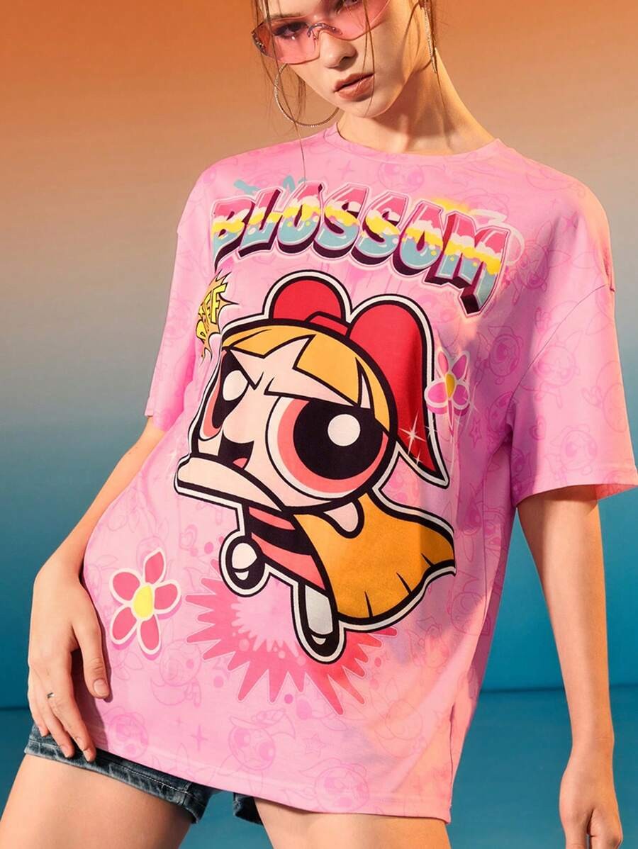 THE POWERPUFF GIRLS X SHEIN Camiseta holgada con estampado de letra de dibujos animados para mujer, rosa, de hombros caídos