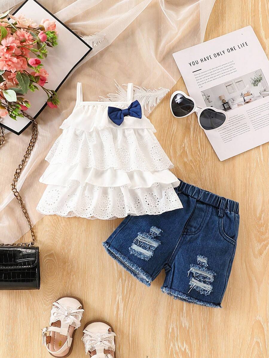 SHEIN Vintaside Kids 2pcs/Set Baby Girls Sleeveless Ruffled Top + Denim Shorts Summer Outfit - Multicolor - View 1