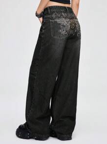ROMWE Grunge Punk Quần Jeans ống rộng rộng rãi họa tiết thêu đầu lâu Punk Grunge dành cho nữ - màu đen - Xem 4