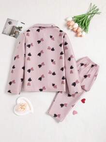 2pcs/Set Tween Girl Loose Fit Heart Print Sweatshirt & Pants Casual Homewear Outfit - Pink - View 2