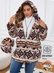EMERY ROSE Abrigo de invierno de mujer talla grande con capucha con diseño gráfico, abotonado al frente, de estilo casual para uso diario en otoño - Multicolor - Ver 8