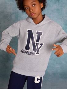 SHEIN Tween Boy Loose Fit Letter Graphic Hoodie Sweatshirt - Light Grey - View 5