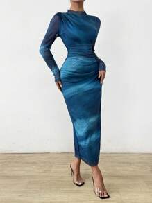 Rafferiza Women's Elegant Blue Tie Dye Ruched Elastic Waist Bodycon Dress, Autumn Maxi Women Outfit Fall Cloth For Women - Navy Blue - View 6