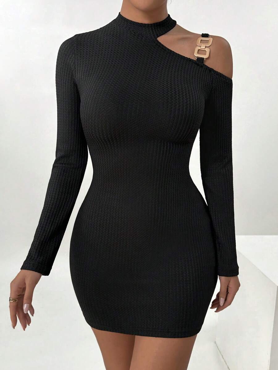 Zolique Nữ Cổ Đứng Lệch Vai Tay Dài Trang Phục Đầm Ngọt Ngào Và Thanh Lịch Quyến Rũ - màu đen - Xem 1