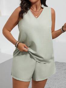 SHEIN LUNE 大码女式纯色编织休闲无袖两件套，春夏