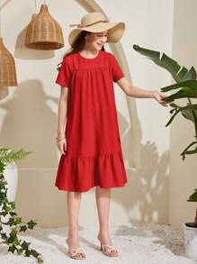 SHEIN Vestido casual de manga corta de unicolor con volantes para niñas adolescentes - Rojo - Ver 4