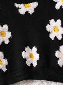 Tween Girls' Floral Pattern Knit Sweater, Spring Autumn - Black - View 5