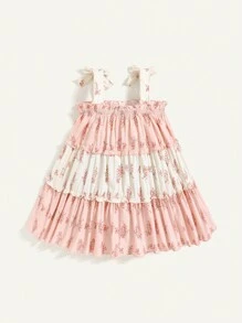 Cozy Pixies 女宝宝夏季休闲花卉图案拼色蝴蝶结装饰吊带背心裙 - 粉色 - 查看 2