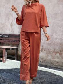 SHEIN LUNE Textured Linen Double-Breasted Casual Women's Outfit, 2pcs - Orange - View 3