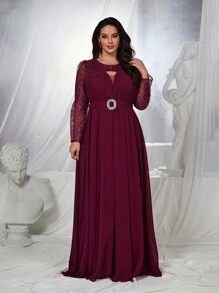 SHEIN Belle Burgundy Red Plus Size Burgundy Red Hollow Out Sequin Fabric Elegant Mother Of Bride Formal Dress