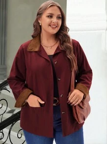 EMERY ROSE Plus Size Women Red Front Button Splice Long Sleeve Trench Coat,Fall Clothes - Red - View 7