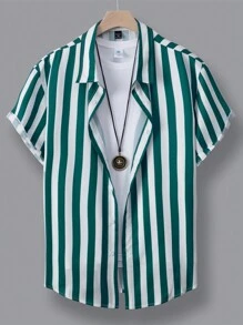 Manfinity Homme Áo sơ mi ngắn tay sọc cỡ lớn dành cho nam mùa hè - màu xanh lá - Xem 1