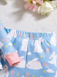 Baby Girls Cute Cartoon Rabbit Pajamas, Snug Fit Long Sleeve Top And Pants Set, Winter - Blue - View 7
