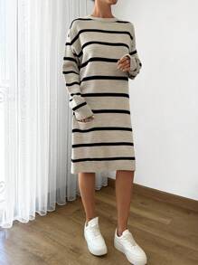 EURMUSE Women Striped Knit Design Knit Dress With Pocket And Button Details - Camel - View 6