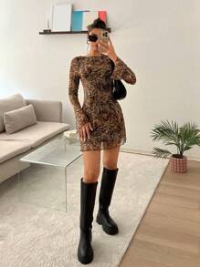 SHEIN EZwear 夏季性感豹纹露背喇叭袖网眼迷你连衣裙 - 棕色 - 查看 6