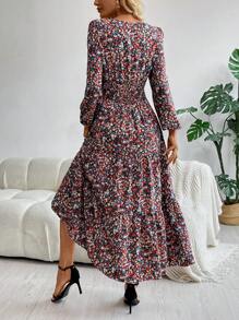 EMERY ROSE Vacation Dress Women's Ditsy Floral Print Long Sleeve V Neck Smock Long Dress