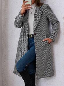 SHEIN LUNE 1pc Casual Single-Breasted Long Sleeve Textured Woolen Coat, Autumn/Winter