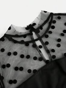SHEIN Tween Girls' Elegant Polka Dot Mesh Splice Ruched Puff Sleeve Stand Collar Bodycon Dress, Black, Suitable For Home, Outing, Party, Halloween - Black - View 4