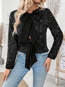 Chiquease Veste avec détail de nœud papillon scintillante, noire avec sequins, à manches longues, deux façons de porter, printemps/automne - Noir - Voir 4