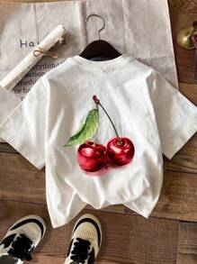 SHEIN EZwear مجموعة من 3 قطع تيشرت للأطفال بأكمام قصيرة وطباعة بسيطة، رقبة مستديرة، للنساء، صيفي - متعدد الألوان - مشاهدة 3