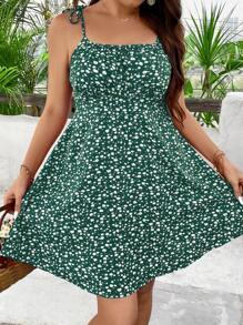 SHEIN Holidaya 大码碎花细肩带无袖连衣裙 - 墨綠色 - 查看 3