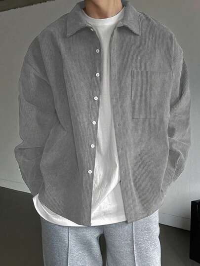 DAZY 男士纯色纽扣前口袋长袖宽松衬衫，秋季服装