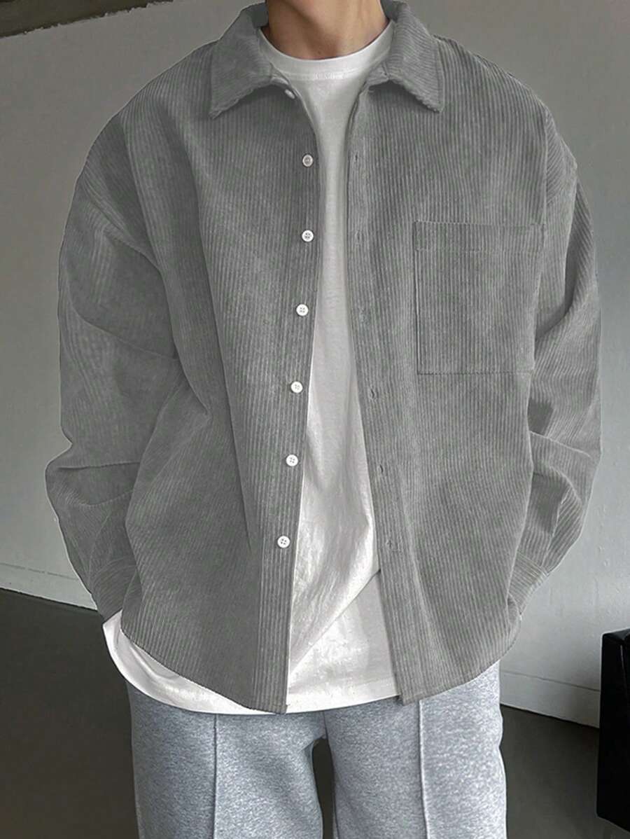 DAZY Men's Solid Color Button Front Pocket Long Sleeve Baggy Shirt,Fall Clothes - Light Grey - View 1