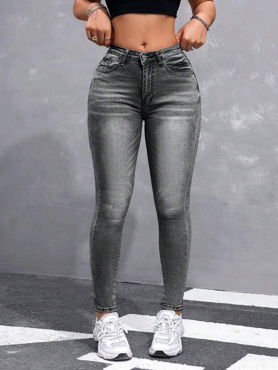SHEIN Essnce Button Detail Pocket Jeggings - Grey - View 1