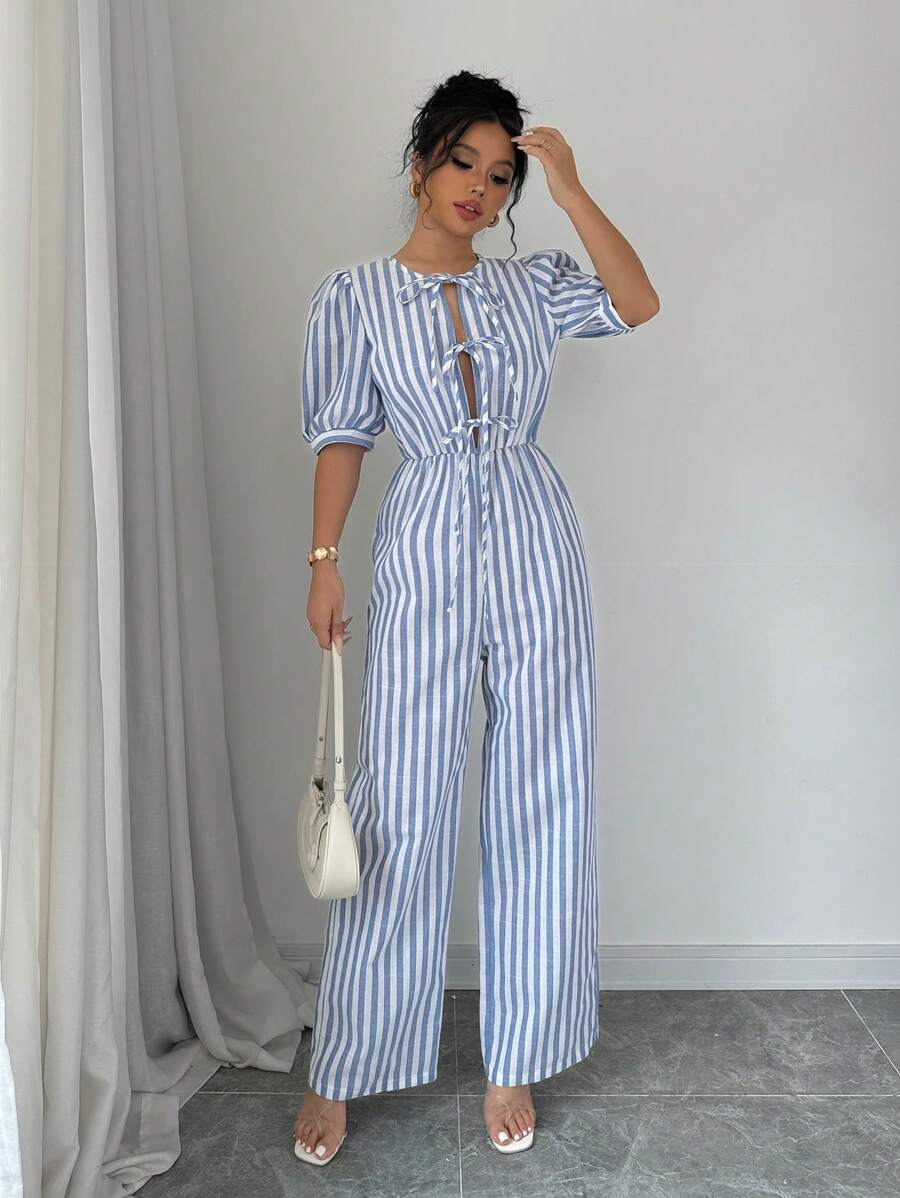 Chiquease Mono de algodón a rayas con lazo delantero para mujeres - Azul - Ver 1