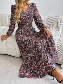 EMERY ROSE Vacation Dress Women's Ditsy Floral Print Long Sleeve V Neck Smock Long Dress