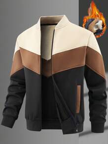 Manfinity Homme 男士秋冬拼接夹克，带保暖内衬和立领，外出保暖长袖休闲撞色法兰绒夹克，送给朋友、丈夫、男友的礼物，保暖内衬夹克 - 彩色 - 查看 5