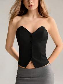 SHEIN Unity Áo crop top hở vai đơn hàng khuy Bandeau thời trang dành cho nữ, dáng ôm - màu đen - Xem 4