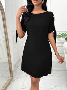 Lunelith SHEIN Lunessa Đầm ngắn tay cổ tròn màu trơn đính cườm xoắn phía trước dành cho nữ - màu đen - Xem 4