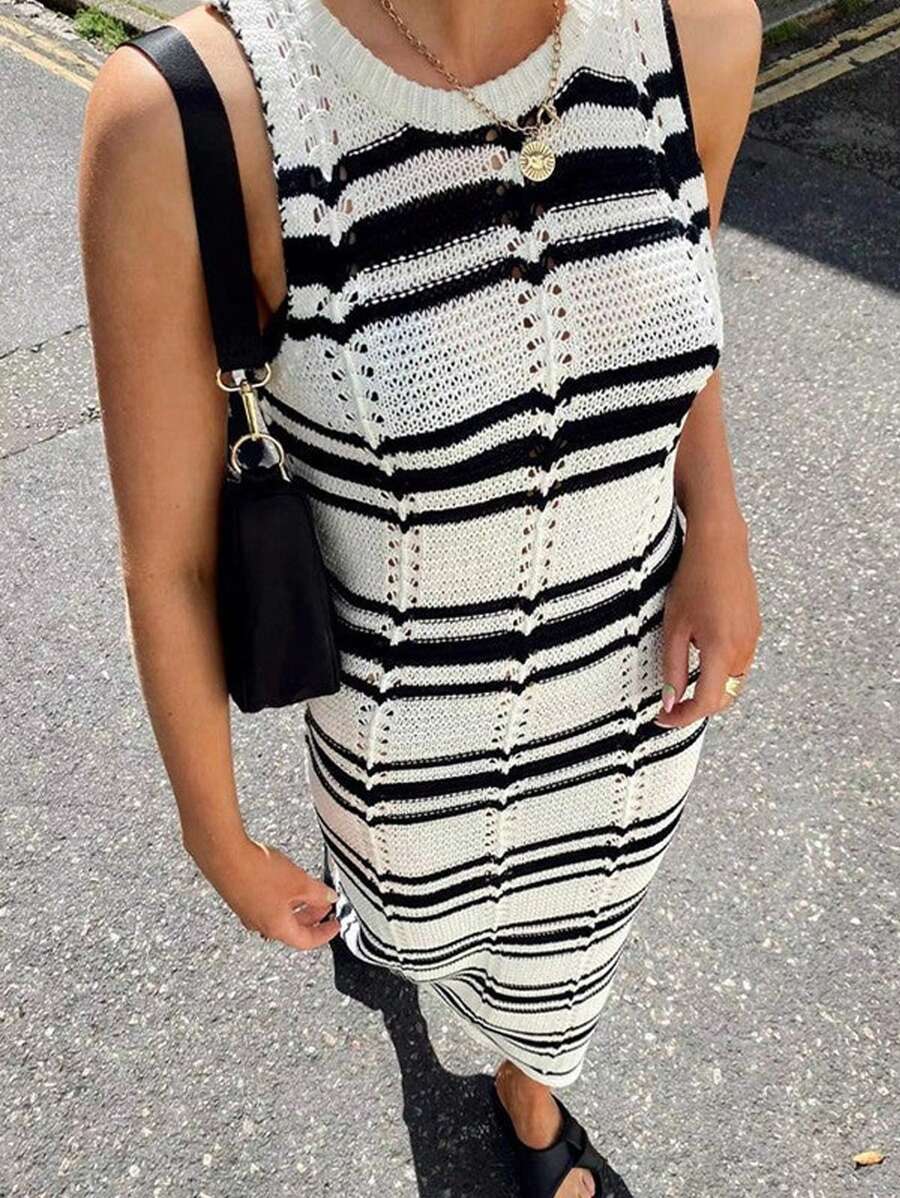 INAWLY Women Striped Print Sleeveless Knitted Sweater Dress - Multicolor - View 1
