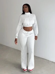 Slaydiva Women's White Casual Gym Autumn 2pcs Outfit,Stand Collar Long Sleeve Zipper Short Sweatshirt Jacket & Low-Rise Drawstring Skinny Pants Knitted Set - Grey - View 4