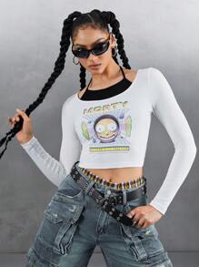 Rick and Morty X SHEIN Women's Cartoon Character & Slogan Print 2 In 1 Fitted Cropped T-Shirt, Graphic Tee - White - View 5
