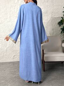 Al Najma 女式拼布花卉装饰色块宽松长袖阿拉伯长袍，适合日常休闲/旅游/假日/度假/聚会 - 藍色 - 查看 2