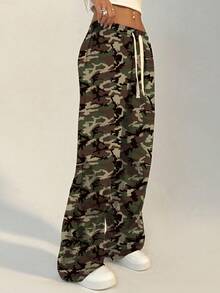 SHEIN Unity Women's Minimalist Casual Camouflage Element Sweatpants - Army Green - View 4