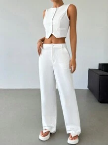 SHEIN X Belinda SHEIN EZwear Women's Solid Color Minimalist Daily Round Neck Blazer Vest & Pants 2-Piece Set - White - View 5